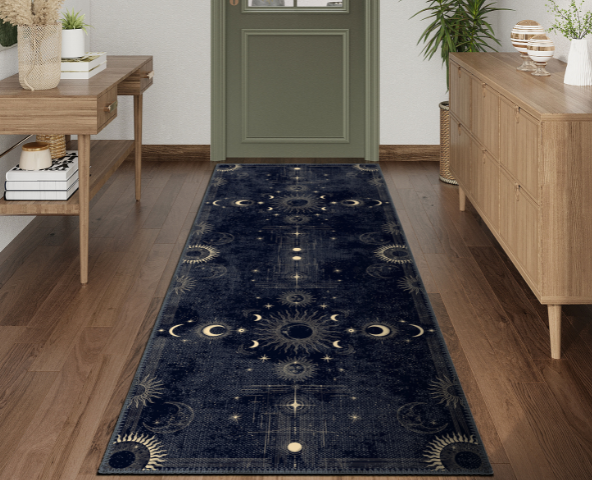 Hallway runner rug and a commode