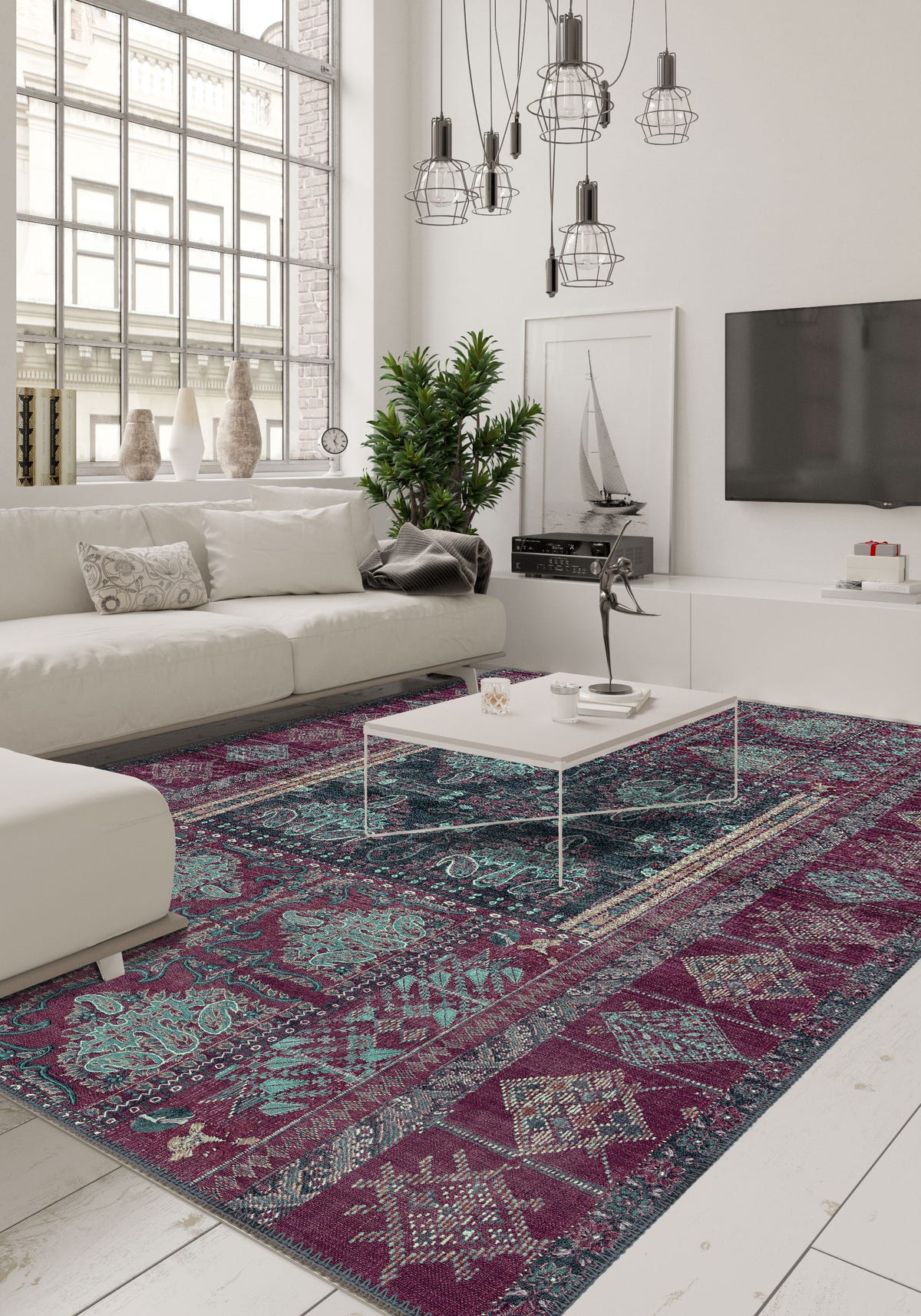 Andrew Burgundy Purple Vintage Washable Rug