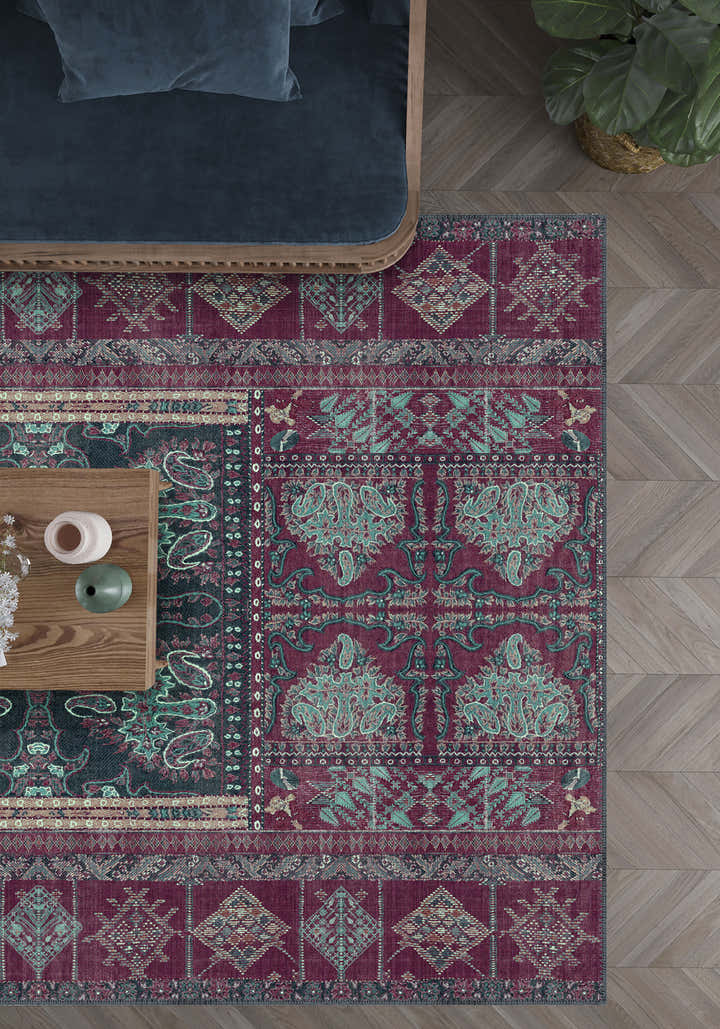 Andrew Burgundy Purple Vintage Washable Rug