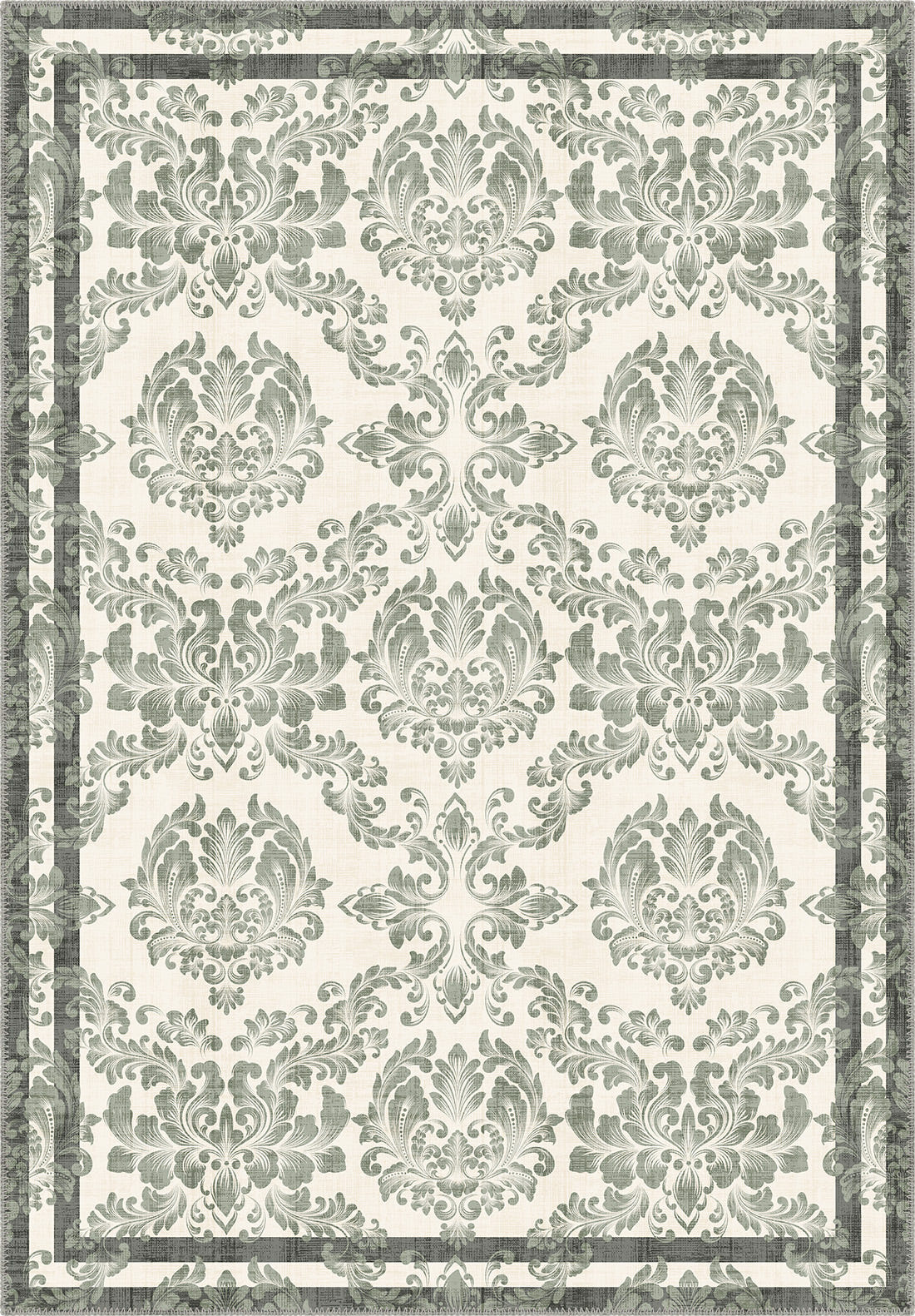 Green floral rug with damask pattern.