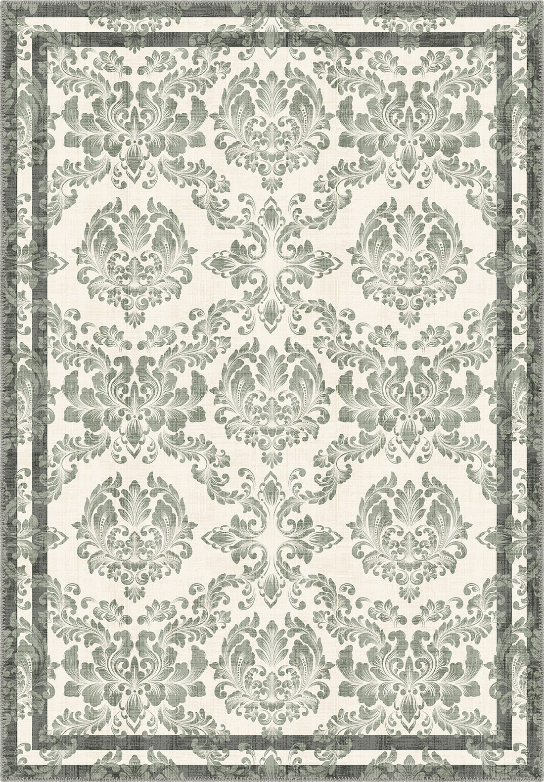 Green floral rug with damask pattern.