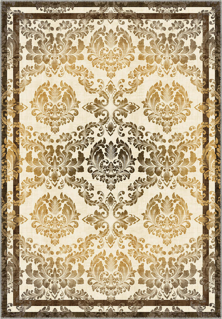 Damask rug in cream, gold and brown.
