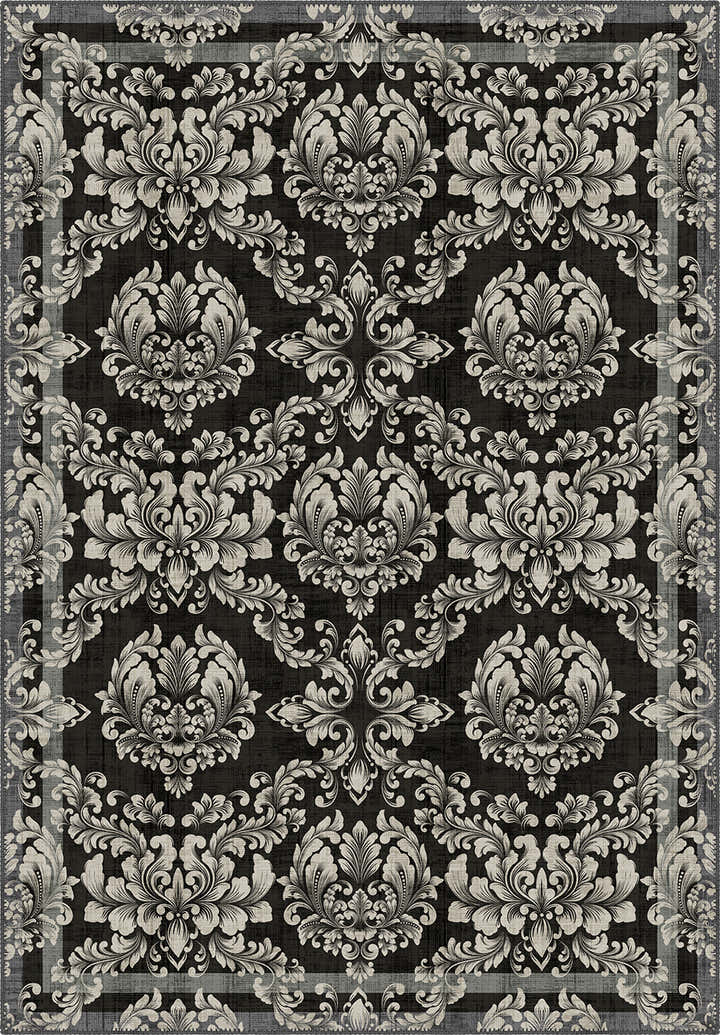 Black gothic rug with damask pattern.