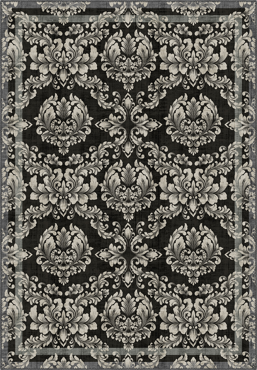 Black gothic rug with damask pattern.