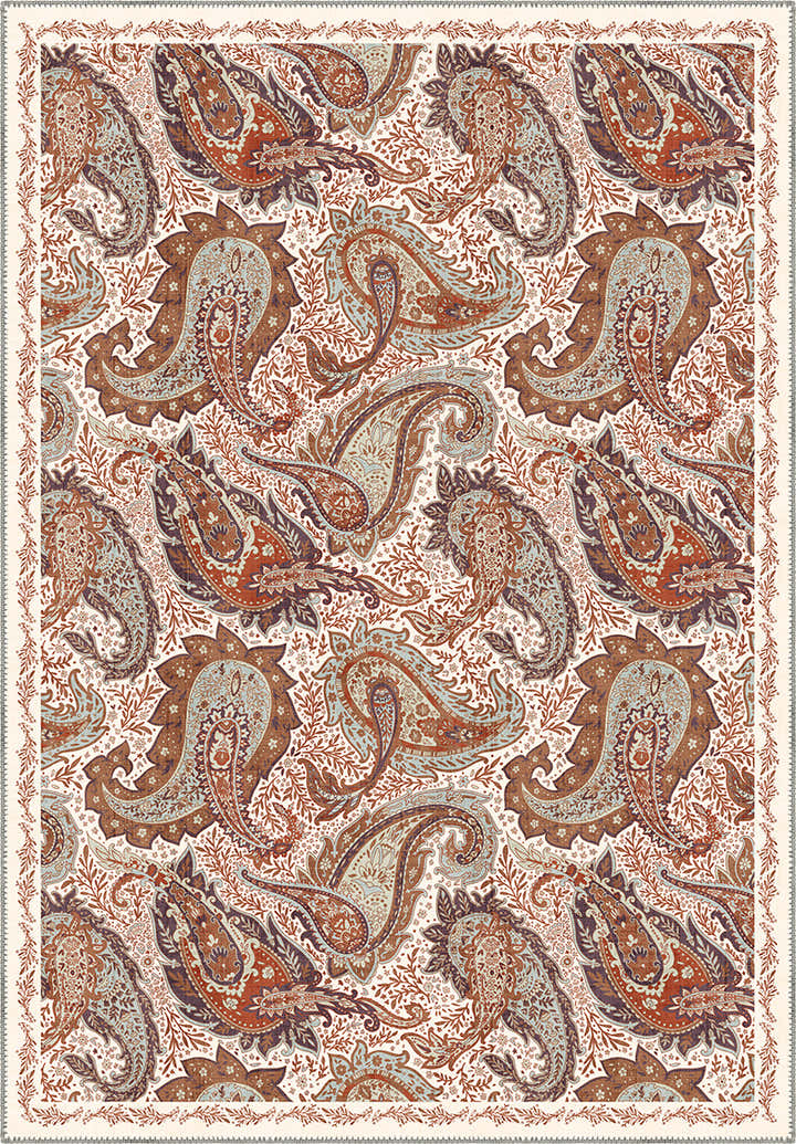 Brown paisley rug on a cream background.