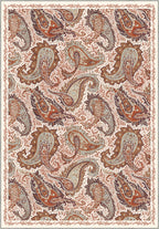 Brown paisley rug on a cream background.