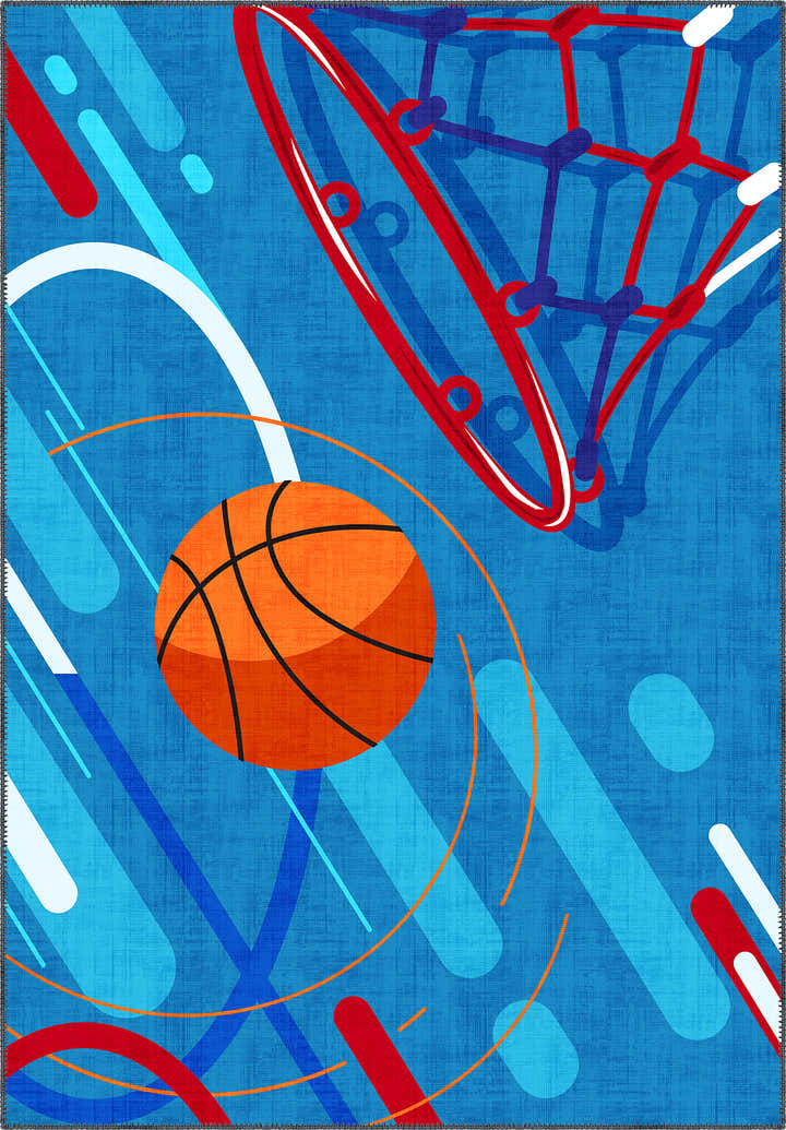 Blue basketball rug for kids rooms and playrooms.