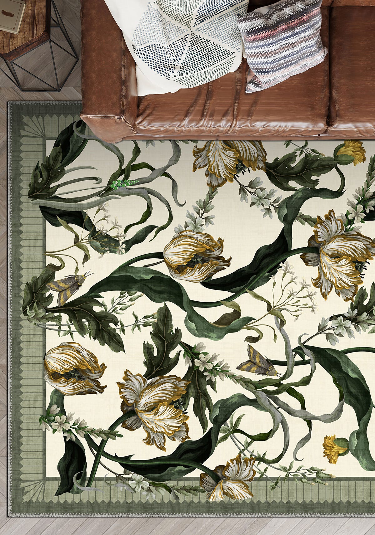 Green white floral rug for living room.