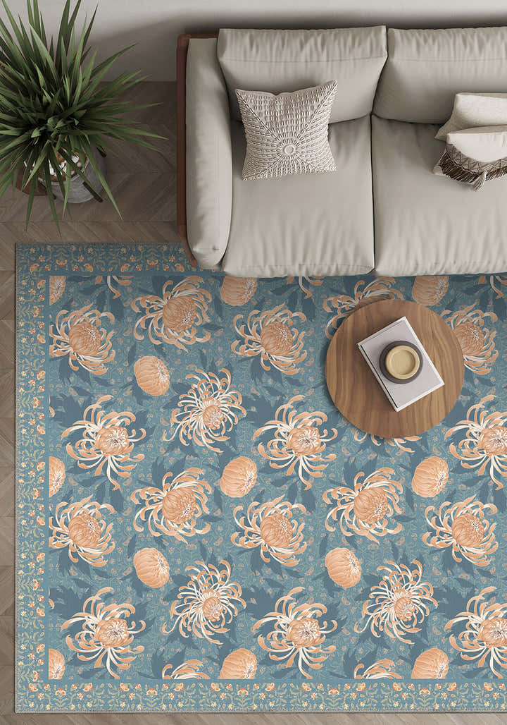 Blue floral rug for living room.