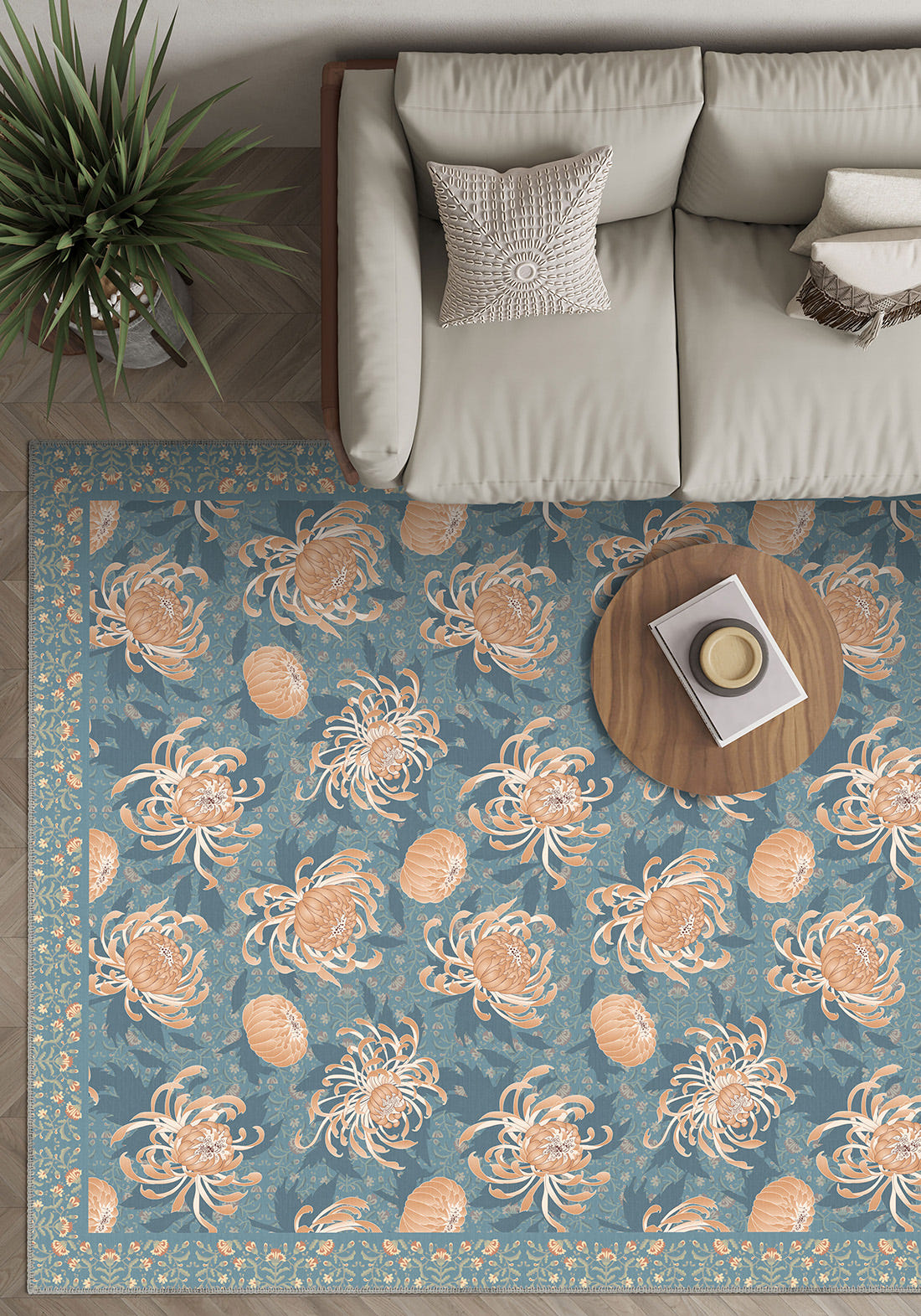Blue floral rug for living room.
