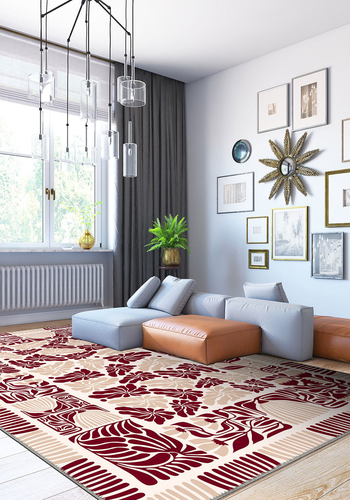 Burgundy floral rug for living room.