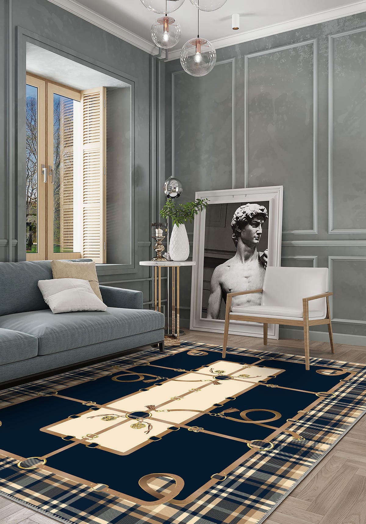 Navy plaid rug for living room.