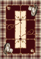 Burgundy plaid rug with equestrian details and horse motifs.