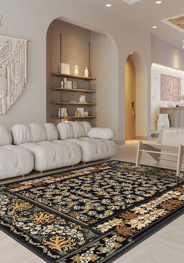 Black floral rug for living room.