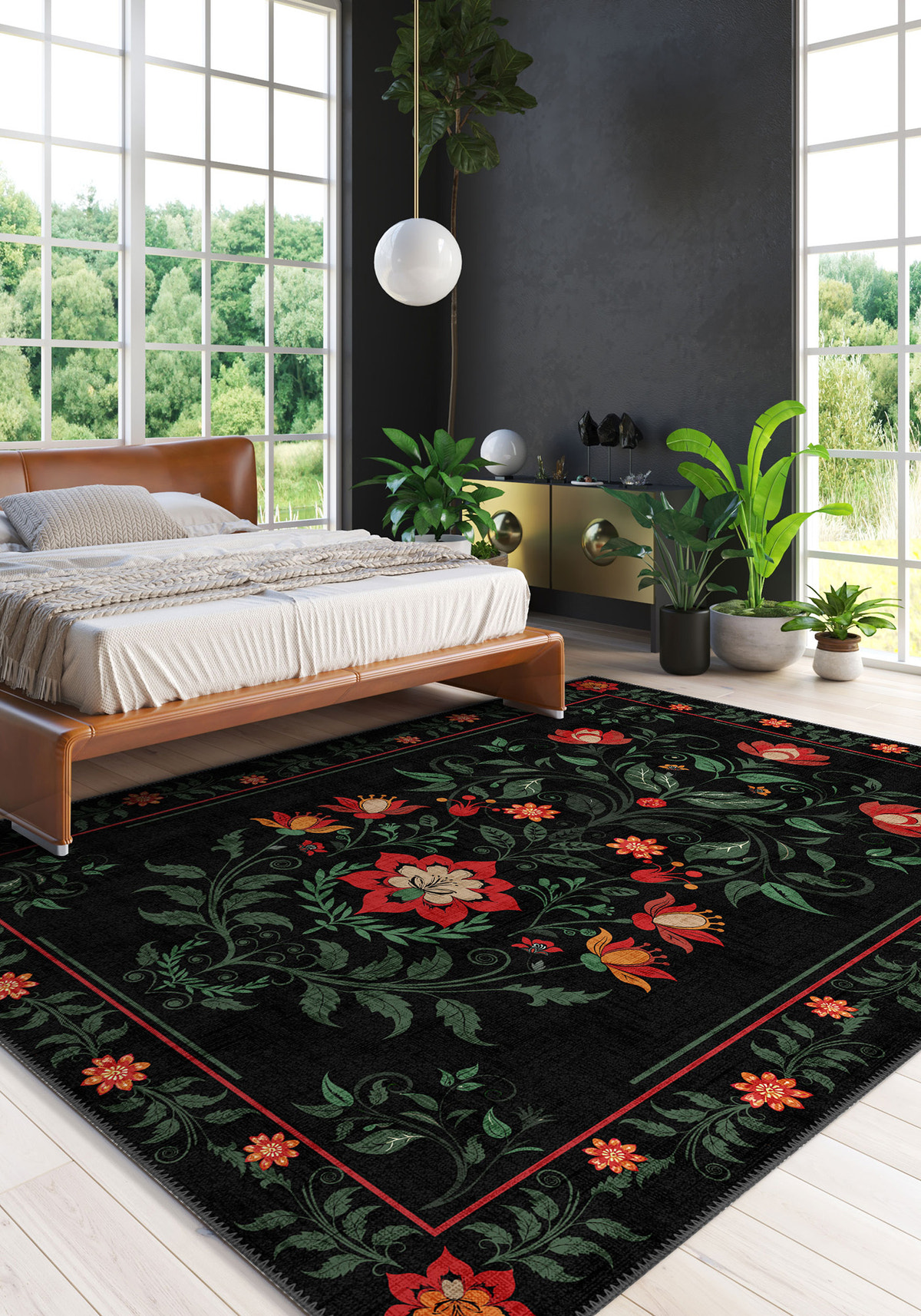 Black floral rug for bedroom.