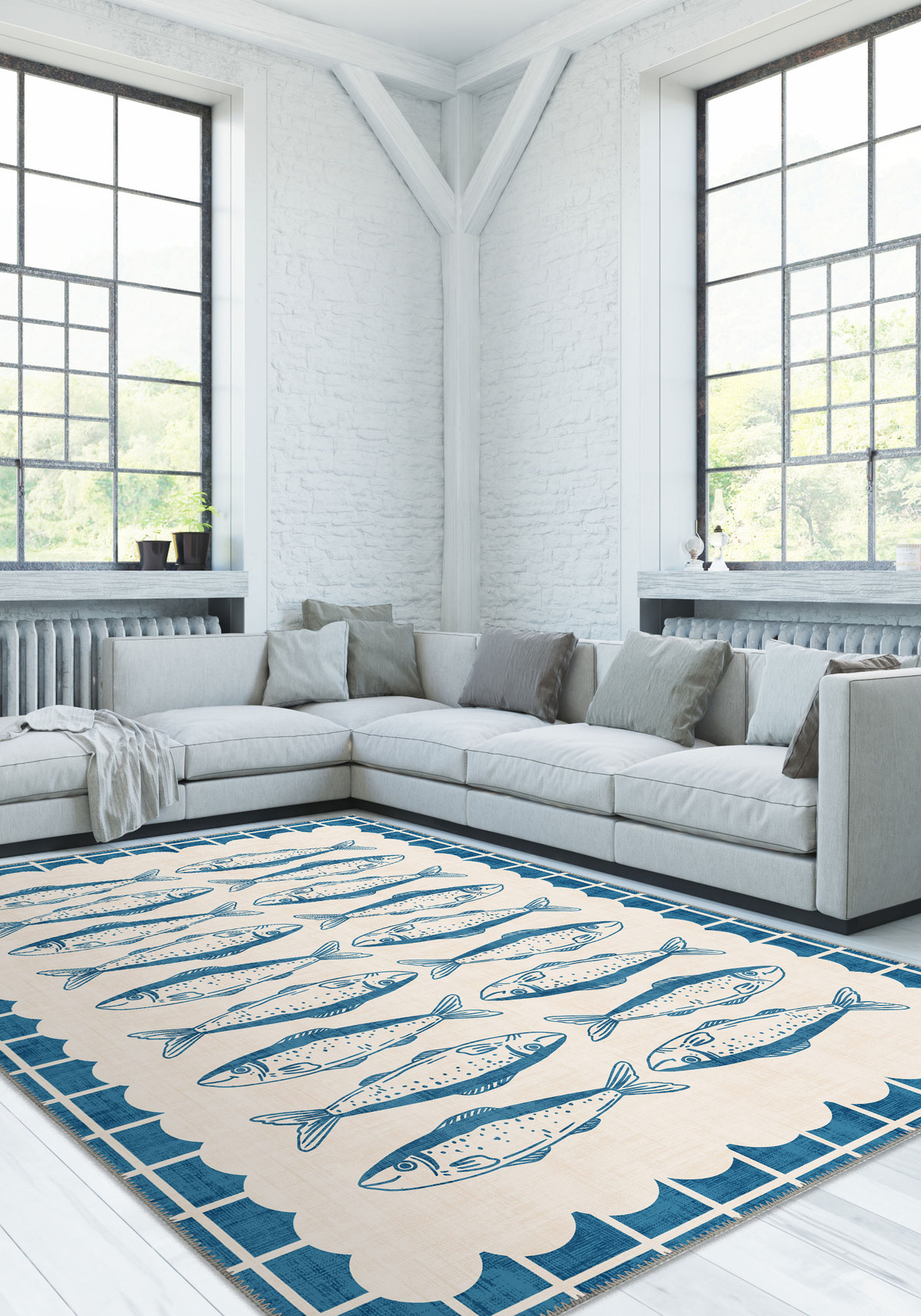 Decorative fish rug for living room.