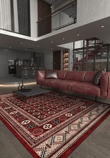 Red Afghan rug for living room.