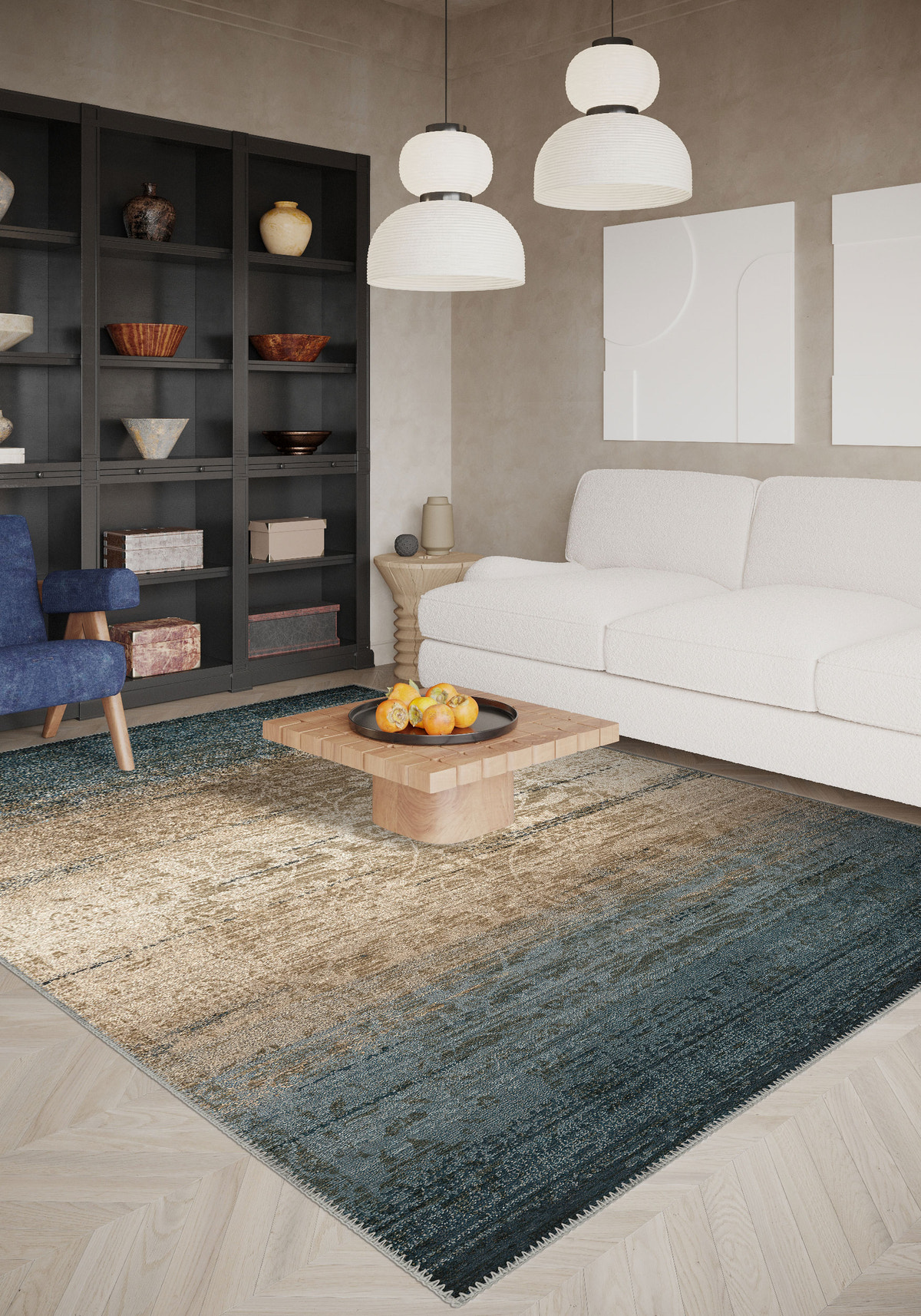 Eliana Teal Beige Damask Rug