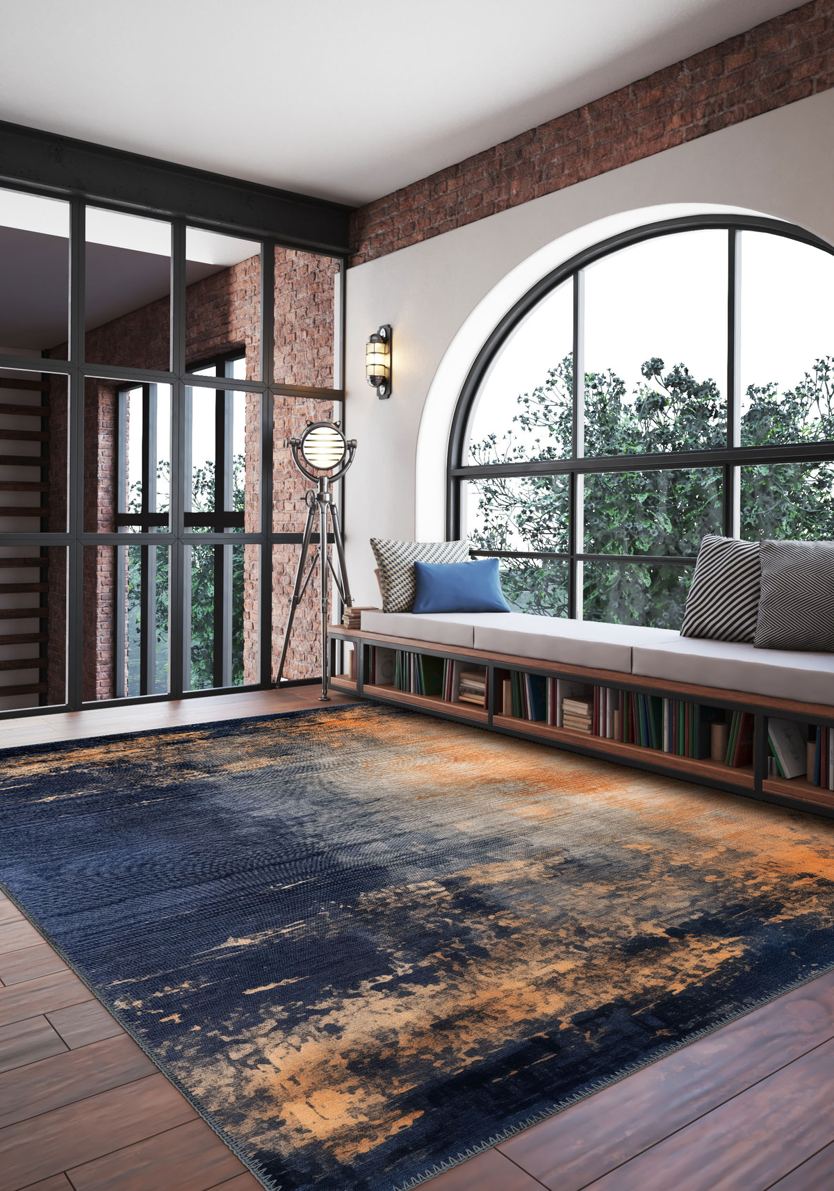 Gabriella Blue Orange Abstract Washable Rug