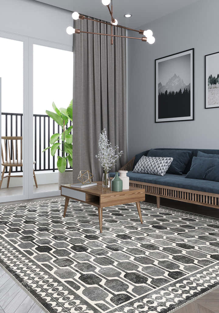 Elvara Bordered Grey Washable Rug