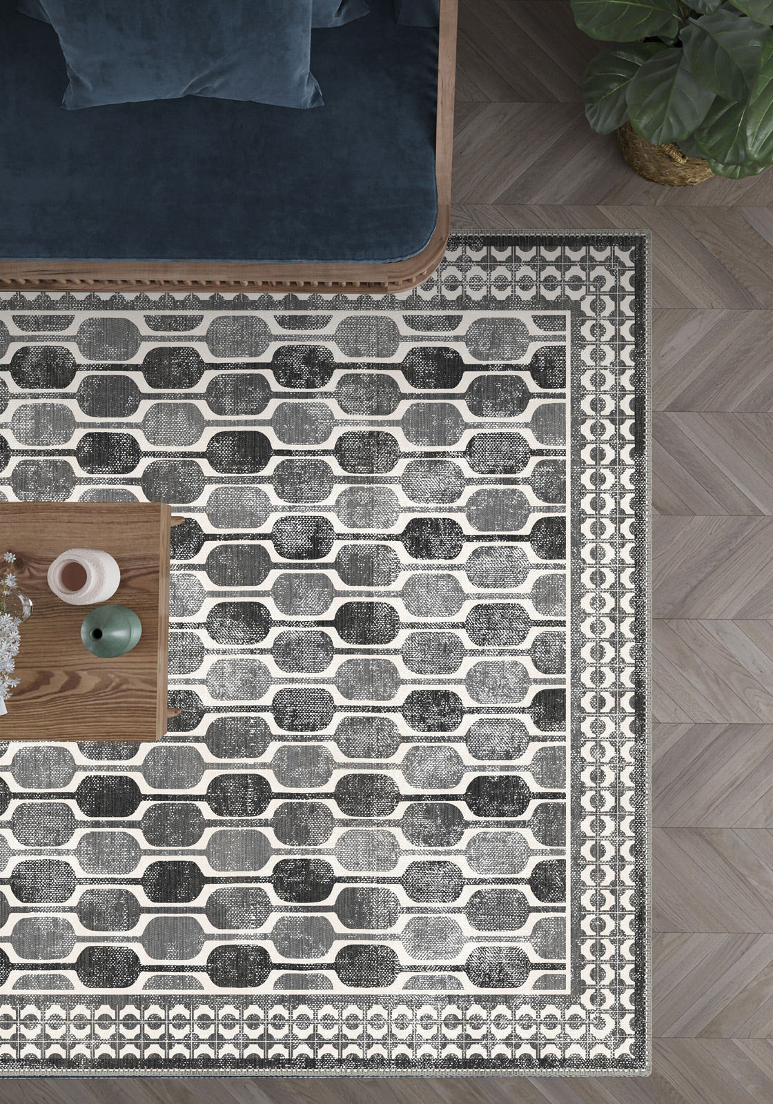 Elvara Bordered Grey Washable Rug