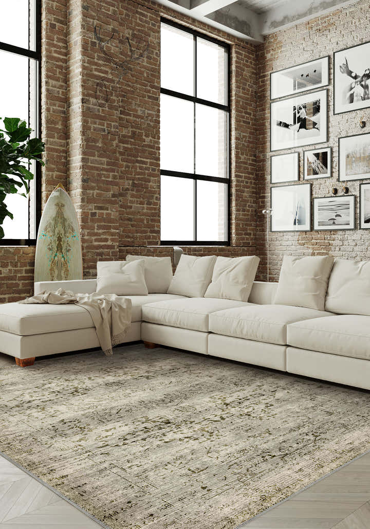 Hudson Green Beige Medallion Washable Rug
