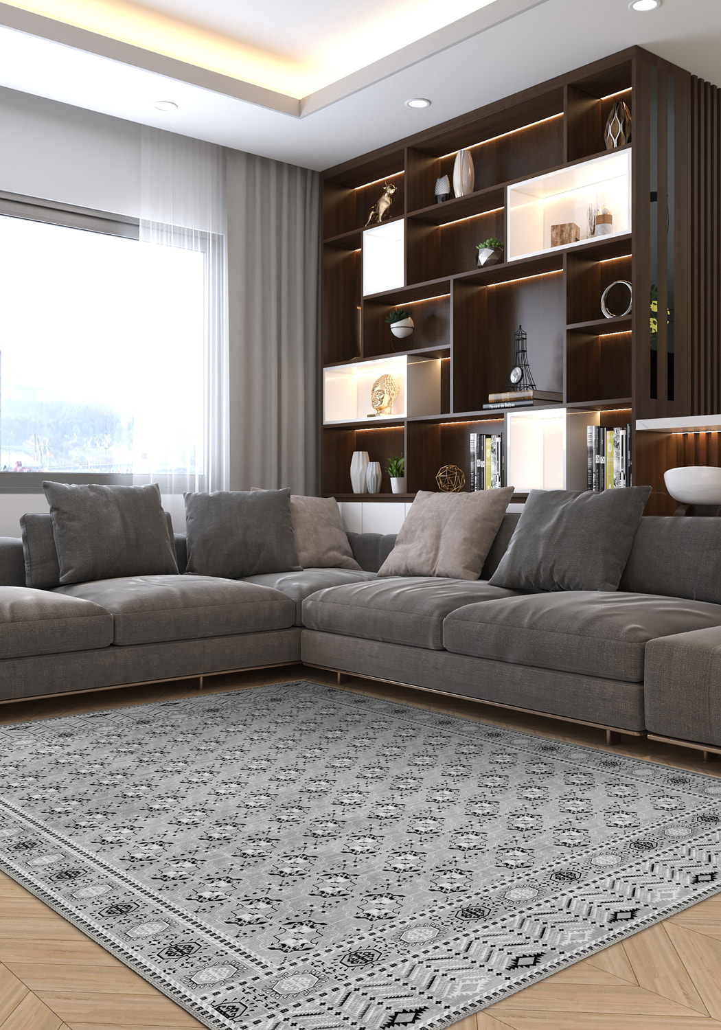 Grey bokhara rug for living room.