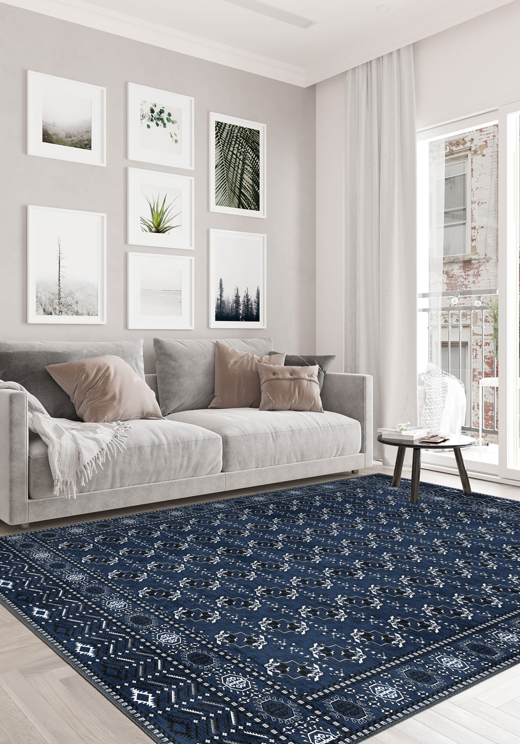 Blue Bokhara rug for living room.