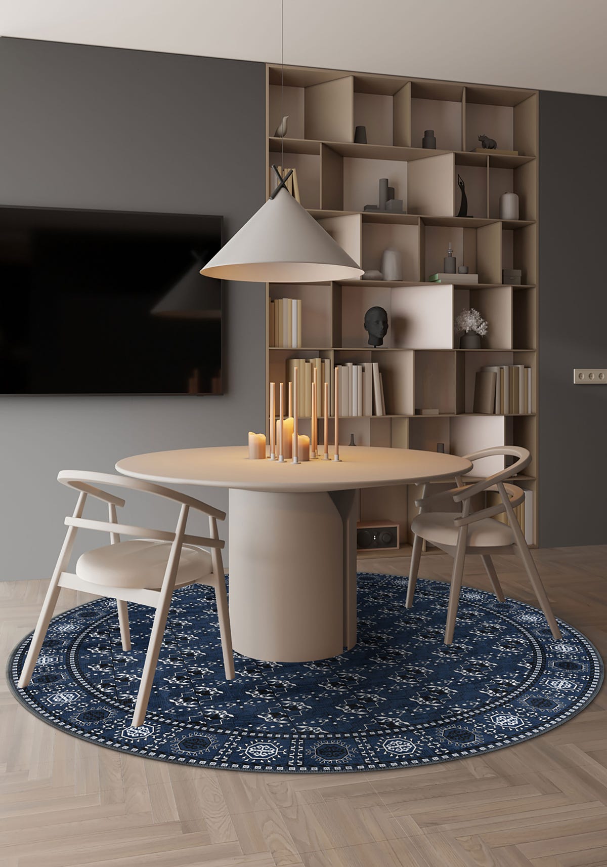 Blue round rug for dining room.
