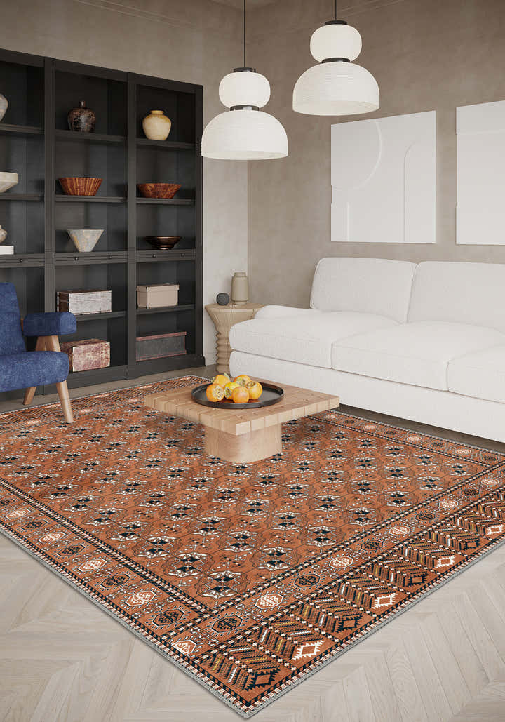 Orange bokhara rug for living room.