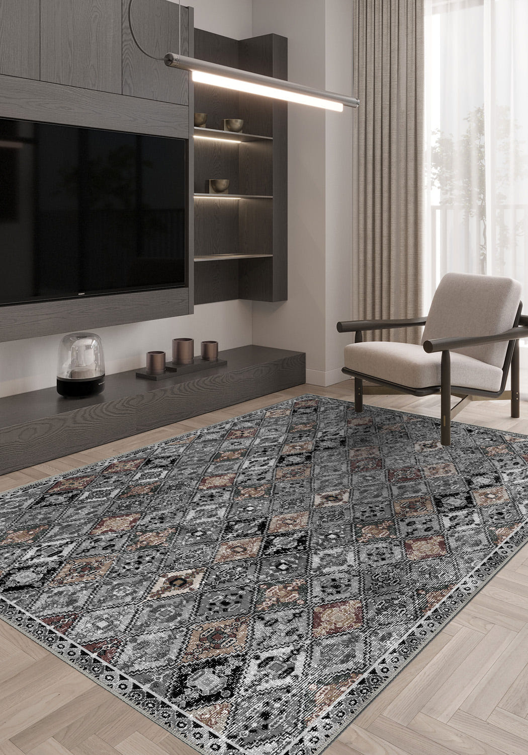 Grey vintage rug for living room.