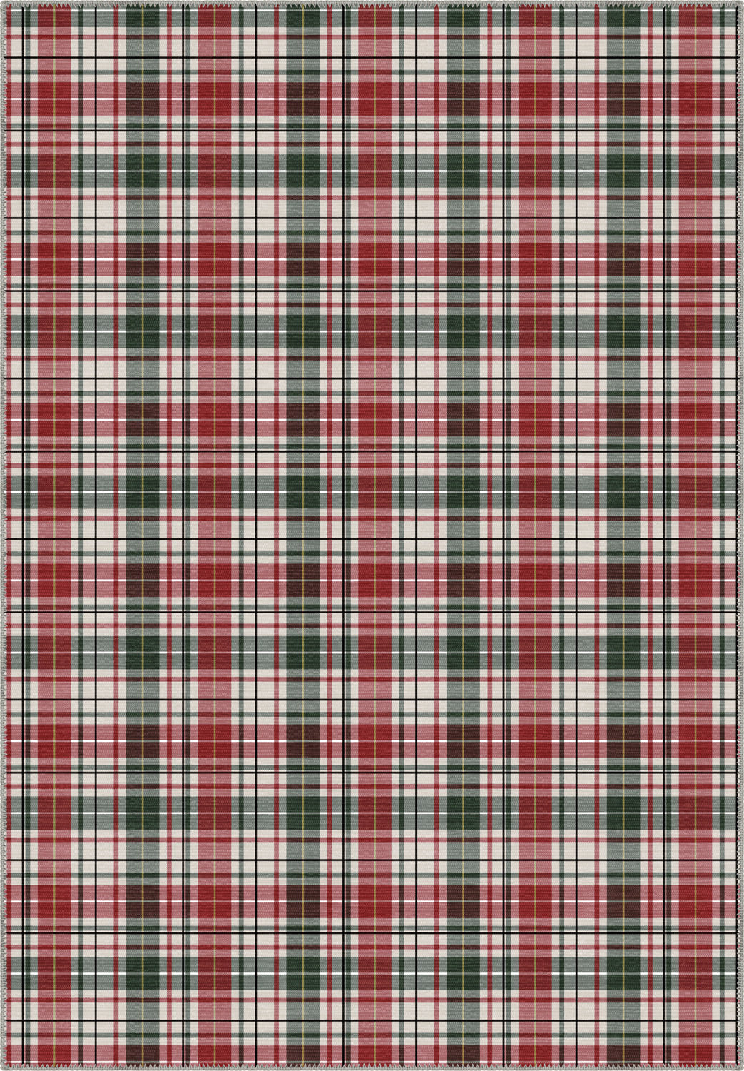 Tartan rug with red, green, and white colors.