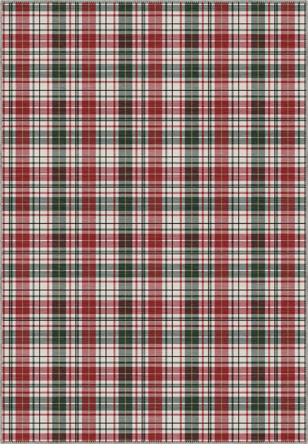 Tartan rug with red, green, and white colors.