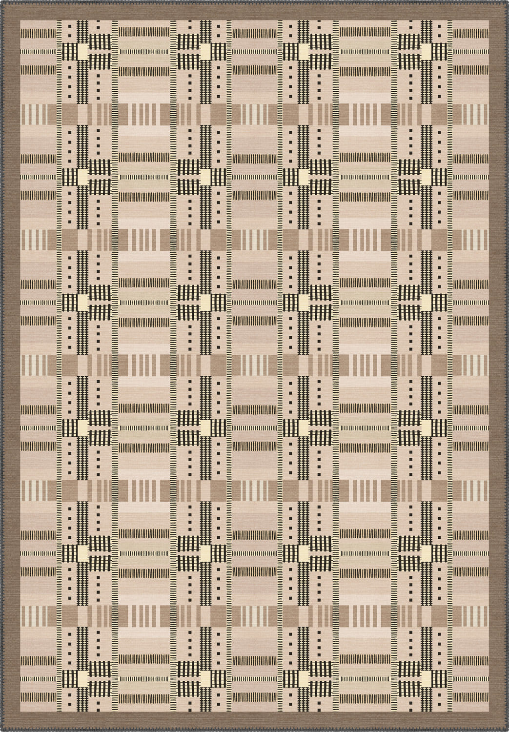 Geometric rug with beige tartan pattern.
