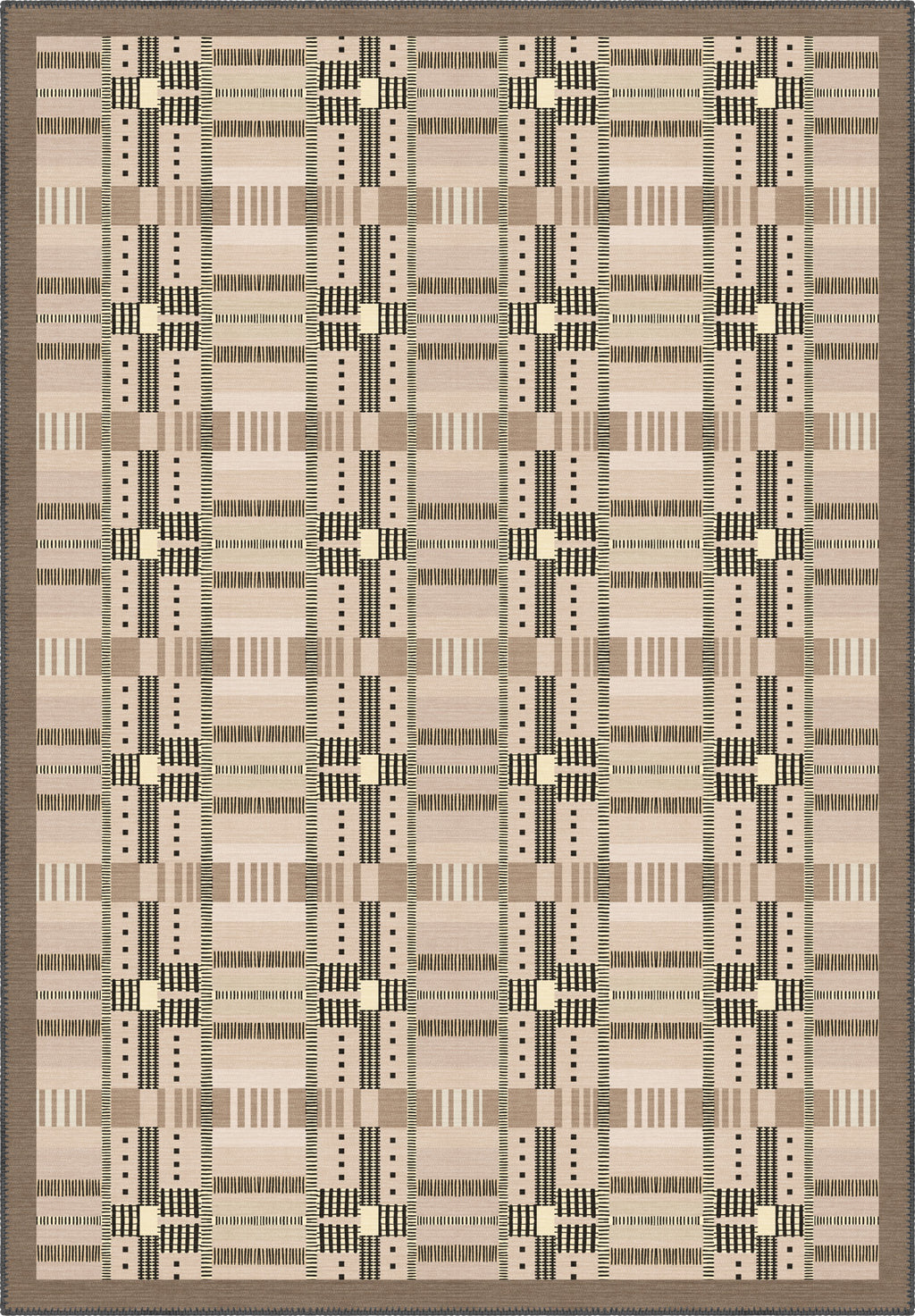 Geometric rug with beige tartan pattern.