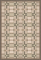 Geometric rug with beige tartan pattern.