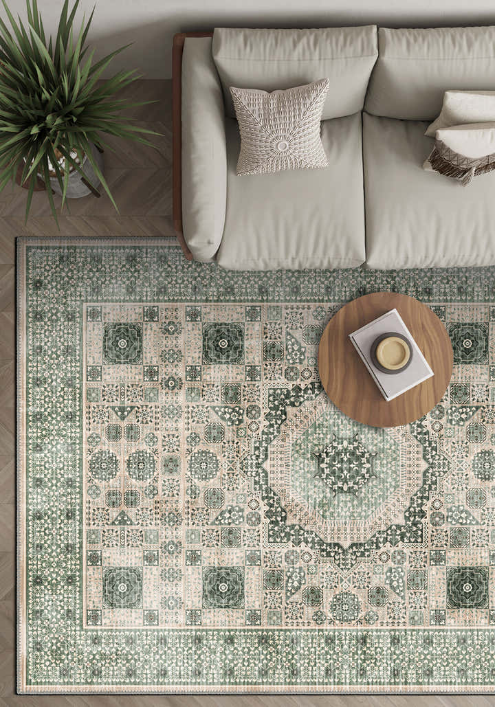 Sage green Mamluk rug for living room.