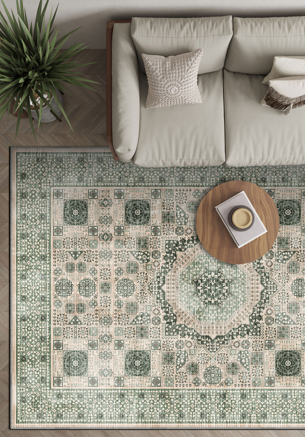 Sage green Mamluk rug for living room.