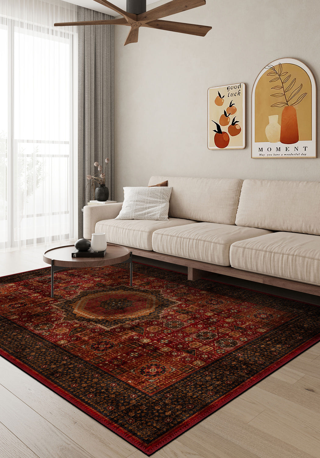 Classic red Persian rug featuring a vintage-inspired design for living room.