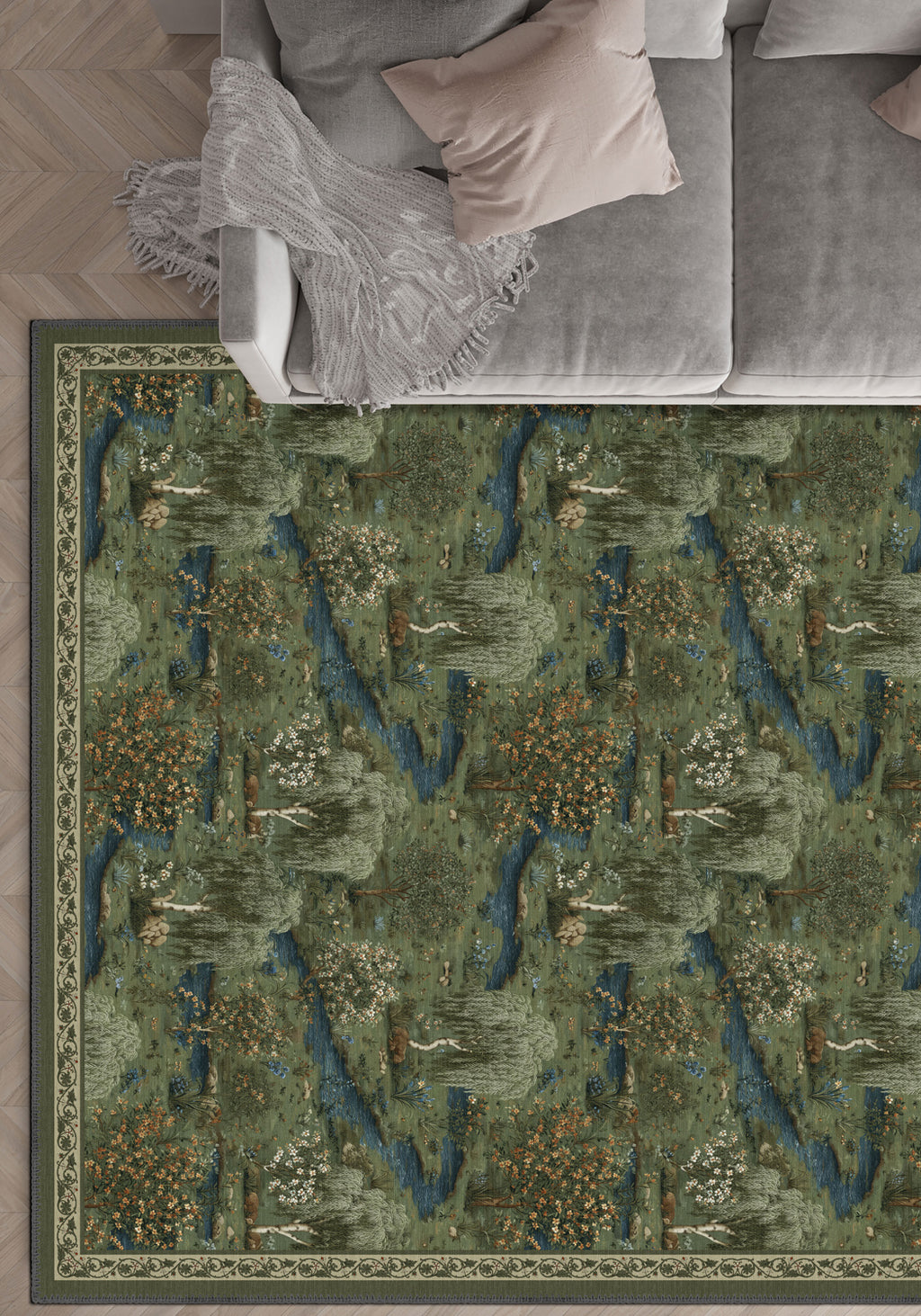 Decorative rug with nature-themed design on a wooden floor