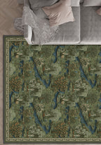 Decorative rug with nature-themed design on a wooden floor