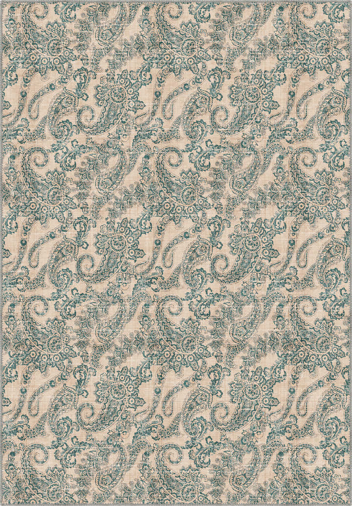 Cream teal paisley rug for living room.