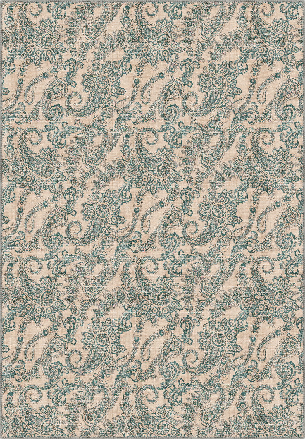 Cream teal paisley rug for living room.