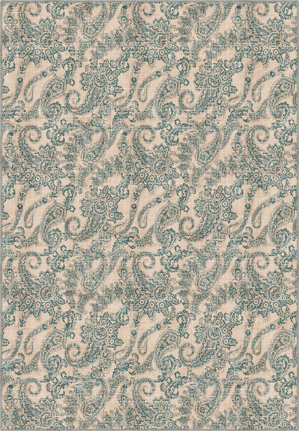 Cream teal paisley rug for living room.