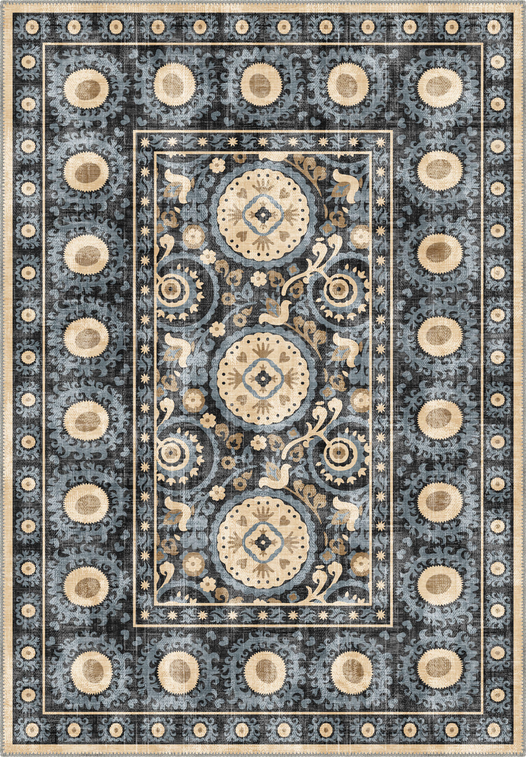 Blue ethnic rug for living room.