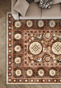 Brown ethnic rug for living room.