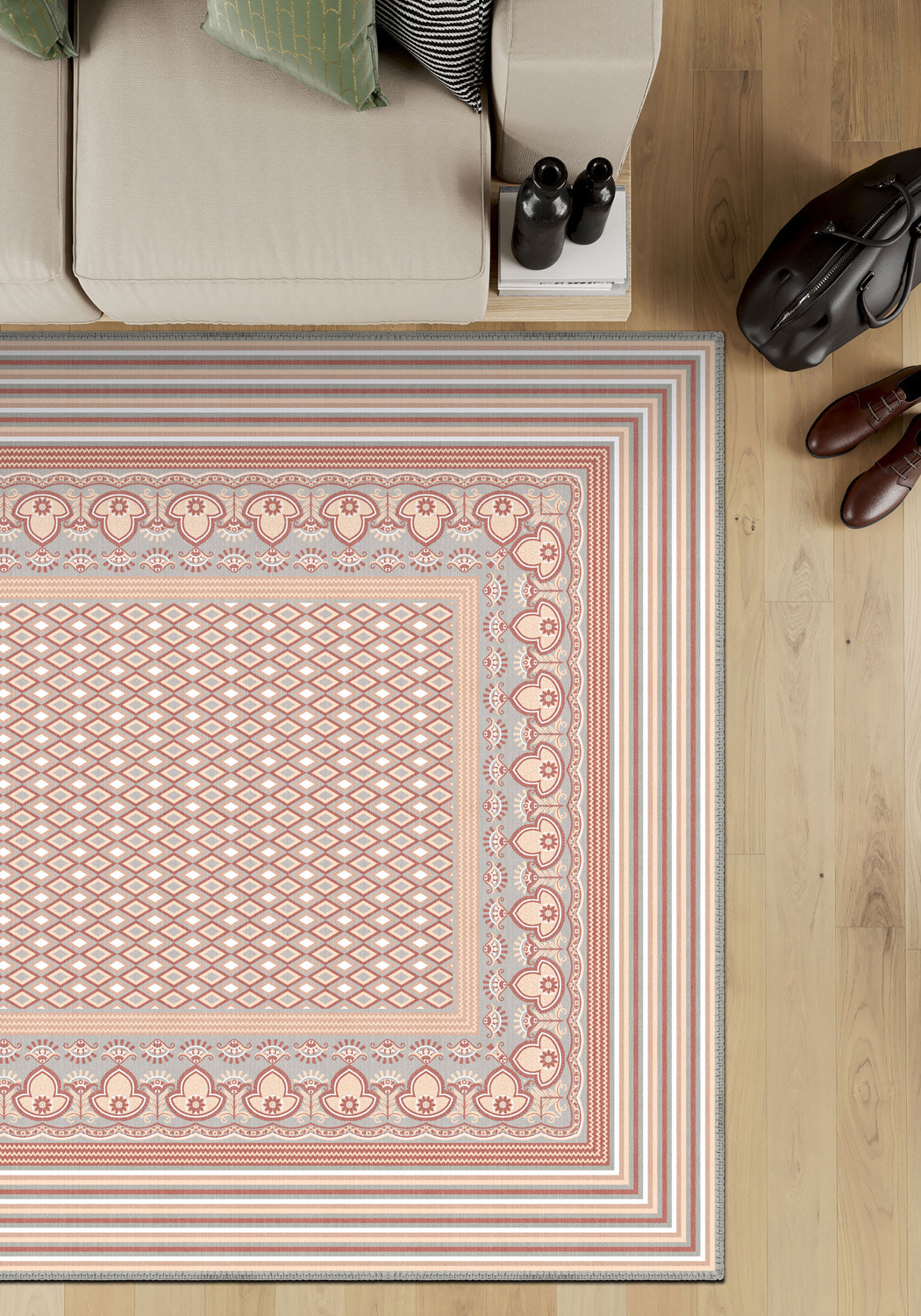 Geometric pink rug for living room.