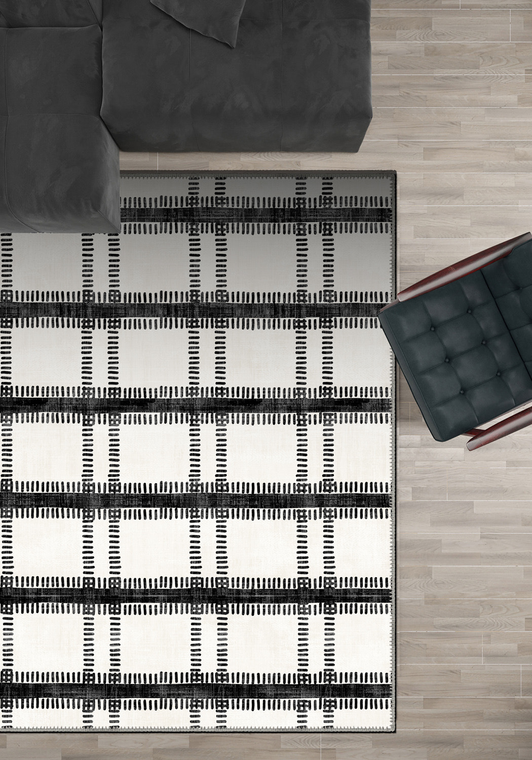Black and white striped rug for living room.