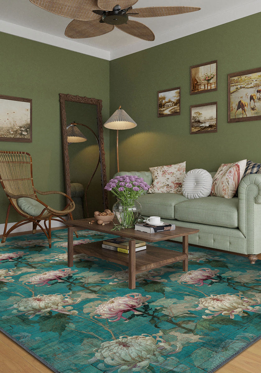 Chryselle Teal Chrysanthemum Rug