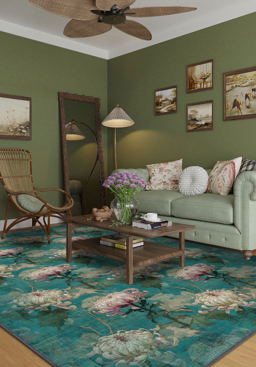 Chryselle Teal Chrysanthemum Rug
